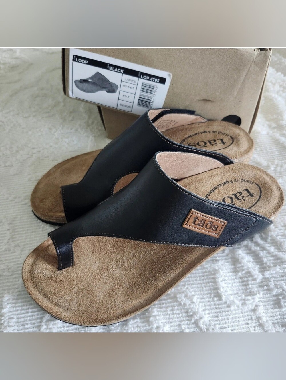 Taos Women's Black Leather LOOP Cork Sandal - Slide Sz 6 6.5, NIB $180